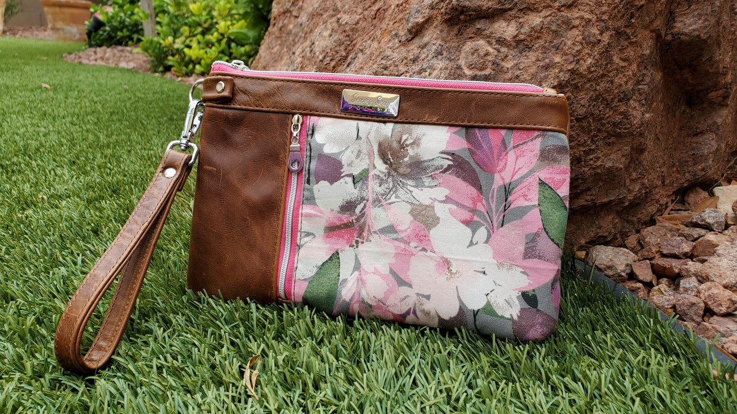 Distressed Leather with pink white and mauve flowers Clutch