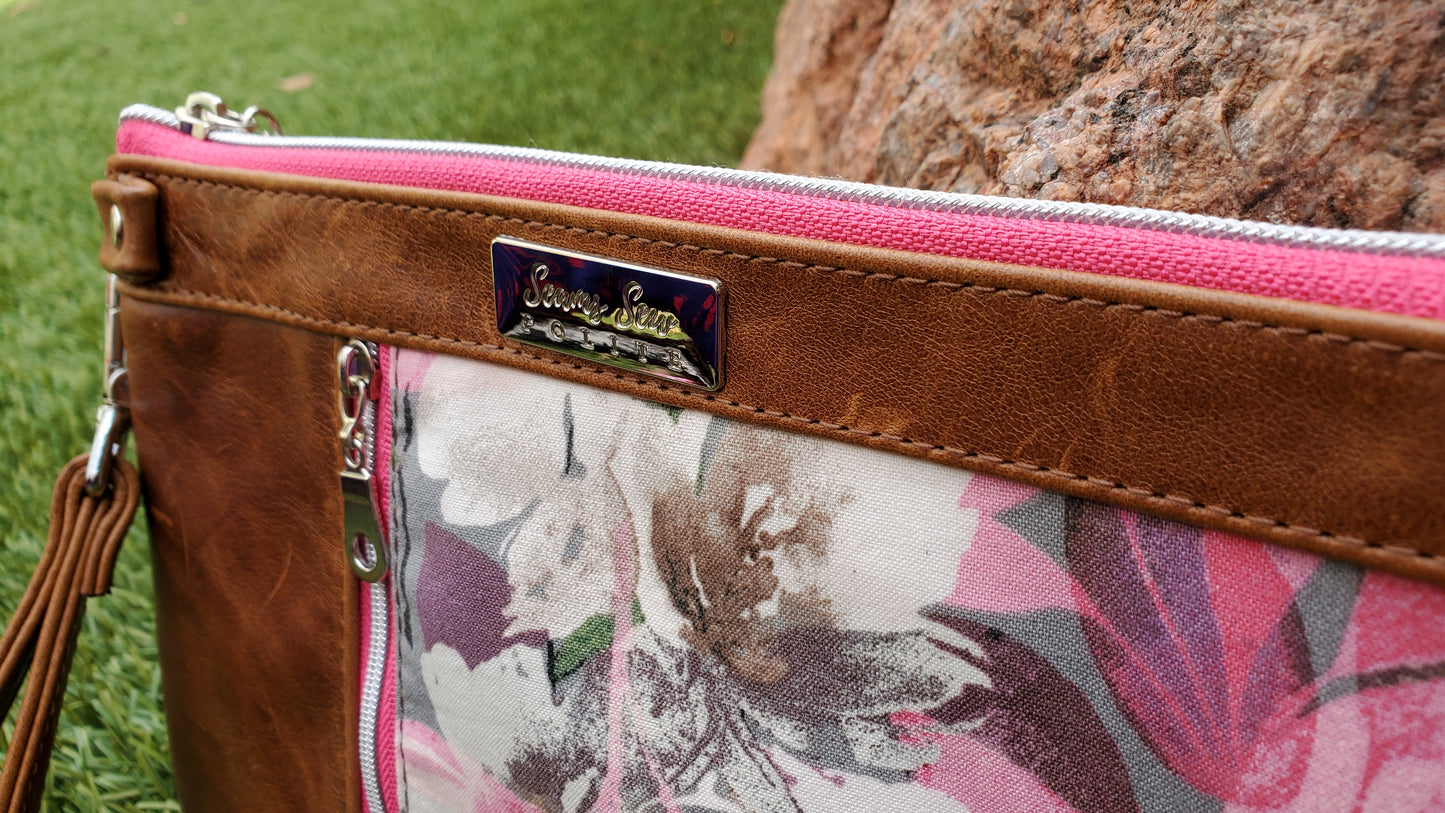 Distressed Leather with pink white and mauve flowers Clutch