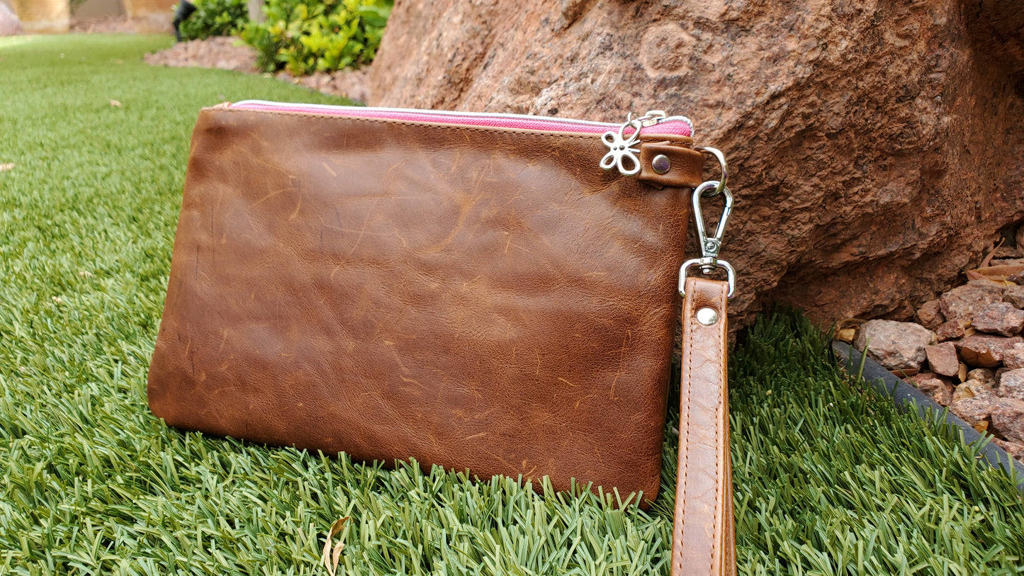 Distressed Leather with pink white and mauve flowers Clutch