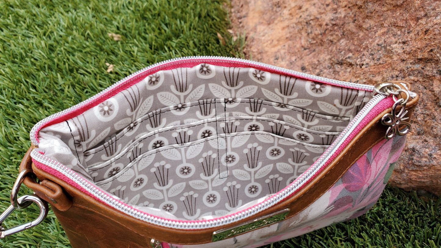 Distressed Leather with pink white and mauve flowers Clutch