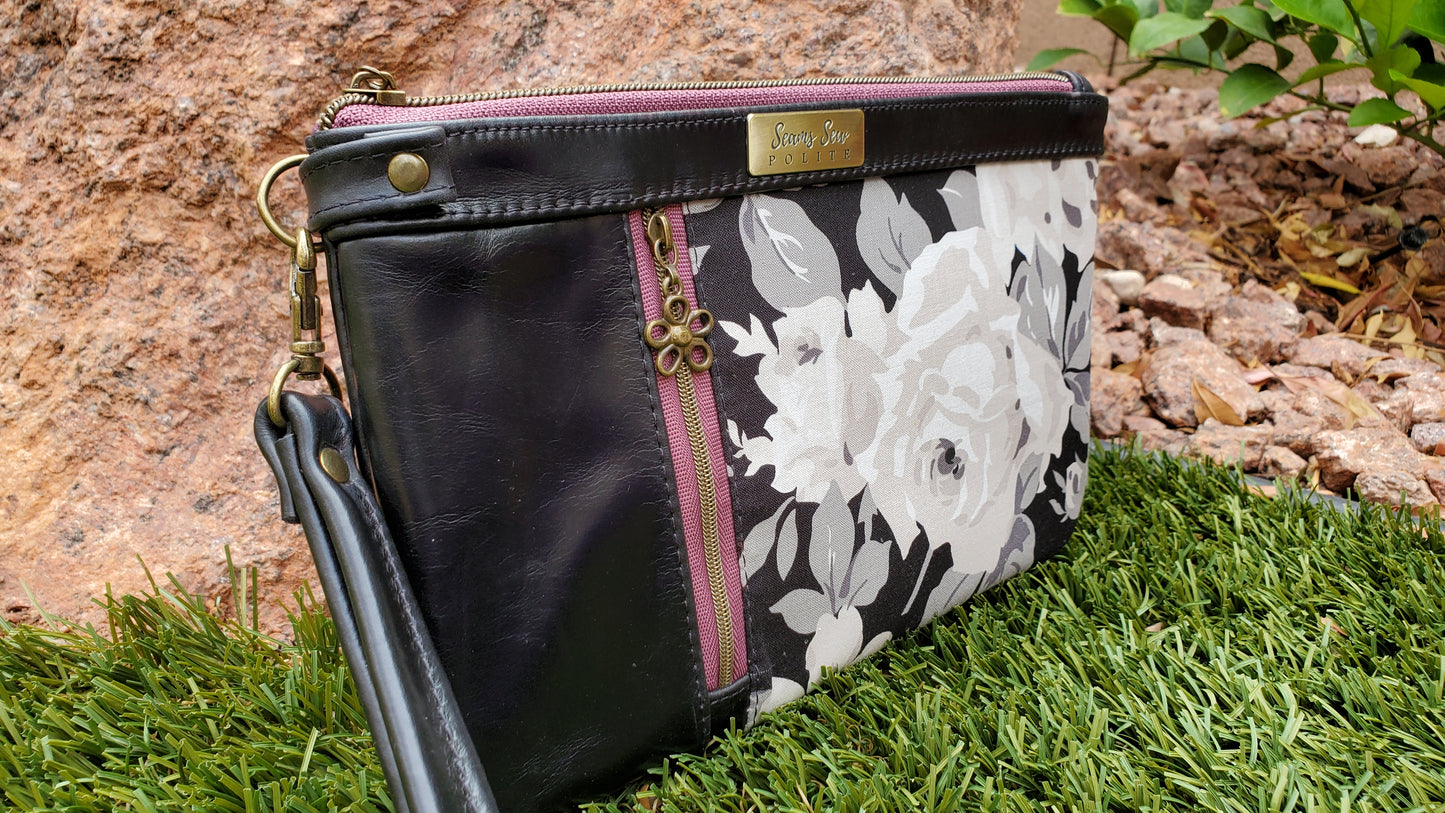 Black Leather Clutch with white and grey flower