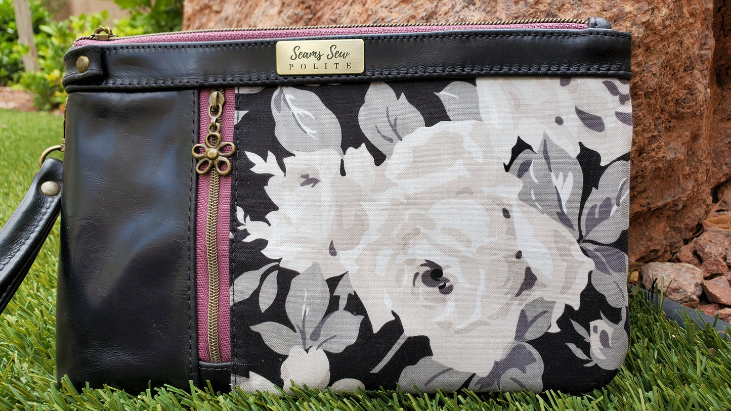 Black Leather Clutch with white and grey flower