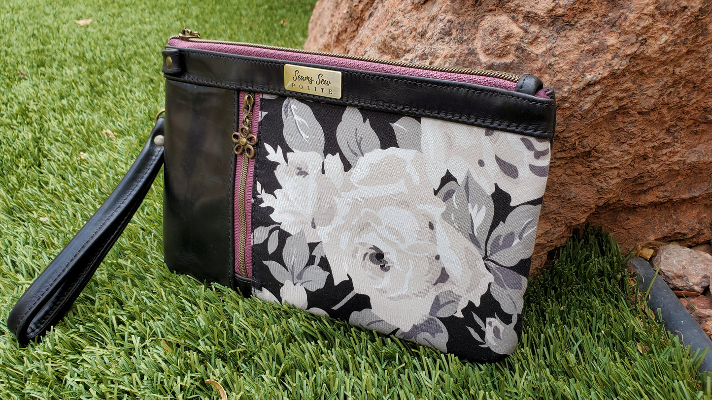 Black Leather Clutch with white and grey flower