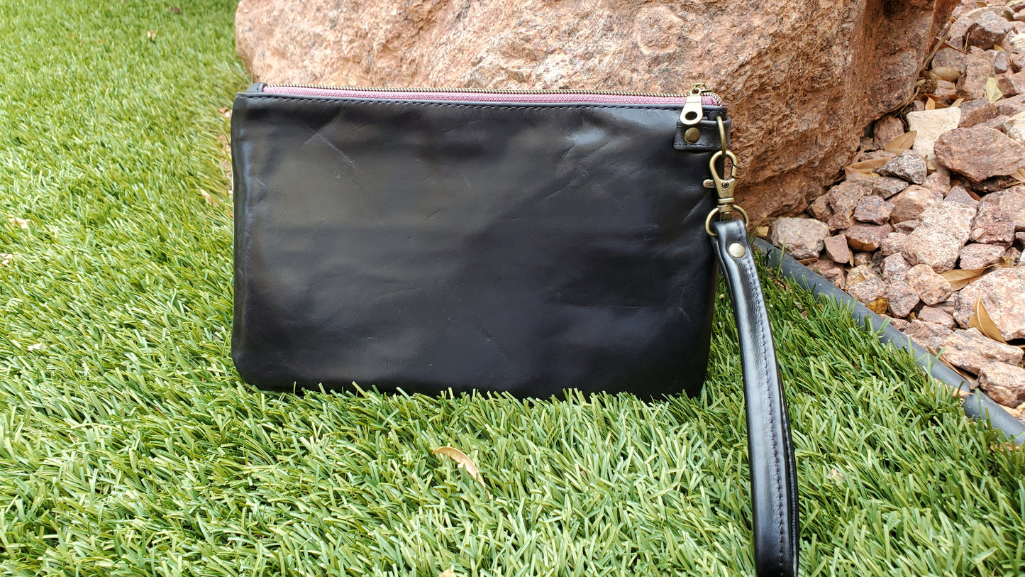 Black Leather Clutch with white and grey flower
